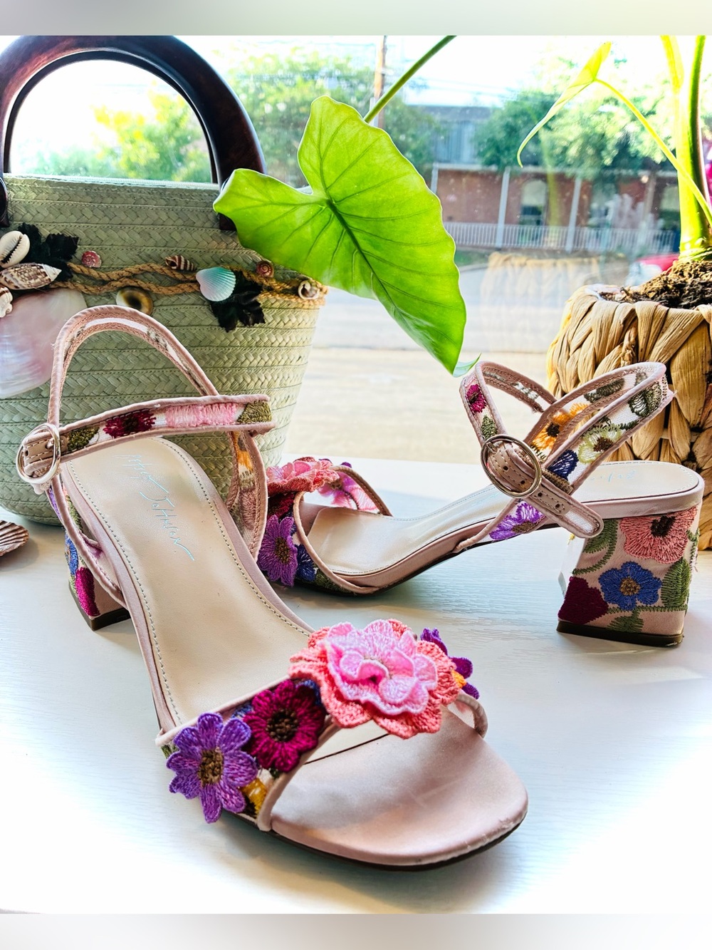 Betsey Johnson Pink Floral Embroidered Block Heel Sandals